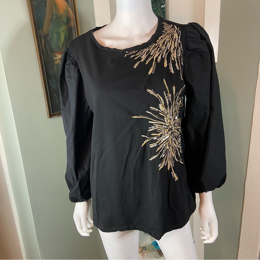 Chico's Sz 2 Fireworks Embroidered Metallic Sequin Blouse Poplin Puff Sleeve L - Picture 2 of 11
